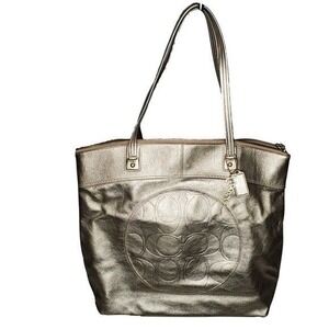 AUTHENTIC COACH Platinum/Gold Crossgrain Leather City Zip‎ Tote Handbag Shoulder